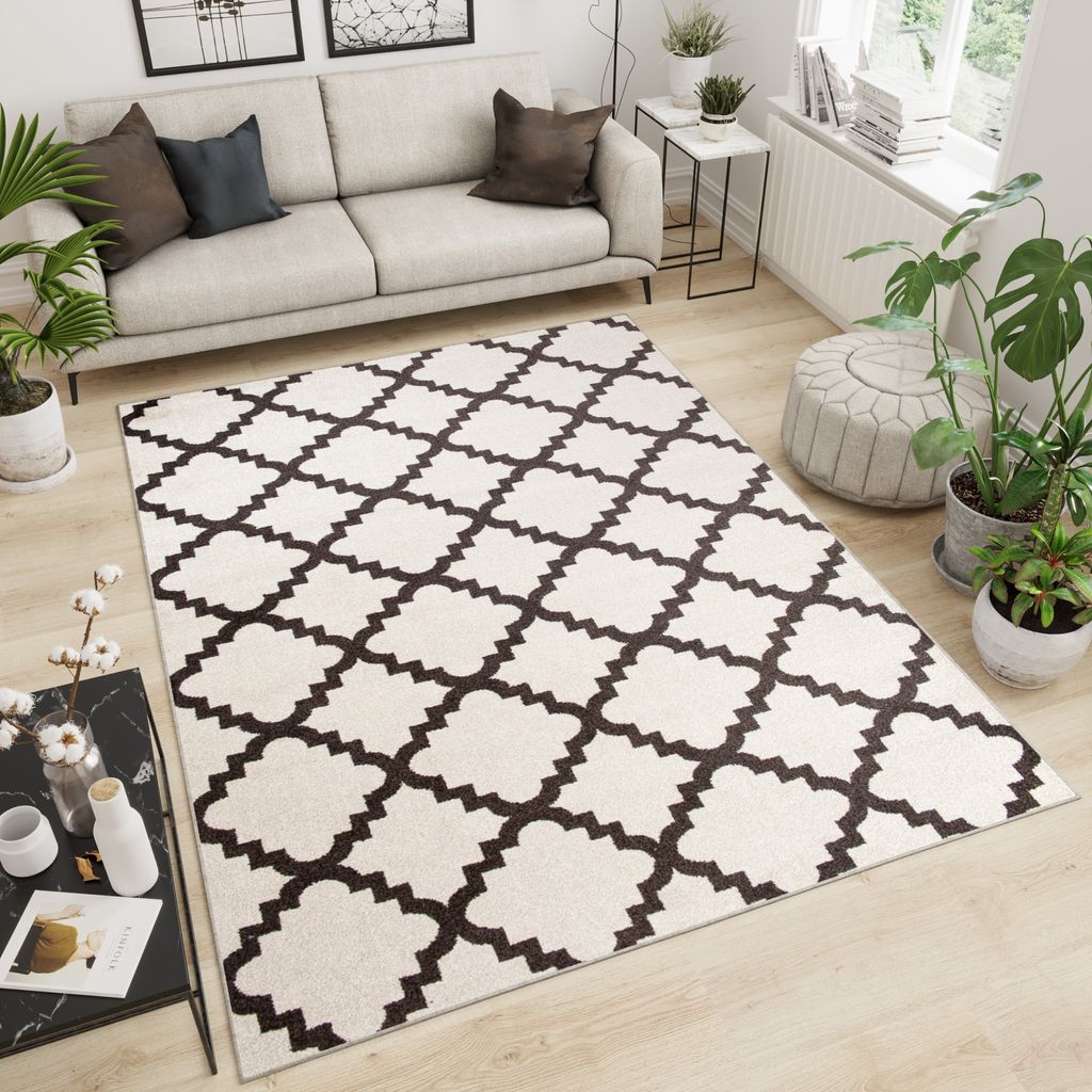 Teppich Wohnzimmer Schlafzimmer Kurzflor Modern Design Geometrisch Karo Diamant Creme Braun Küche Flur 160 x 220 cm