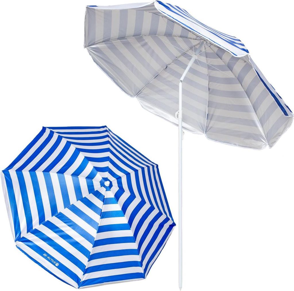 Strandschirm groß faltbar – stabiler Sonnenschirm für Balkon Garten & Camping weiß-blaue streifen