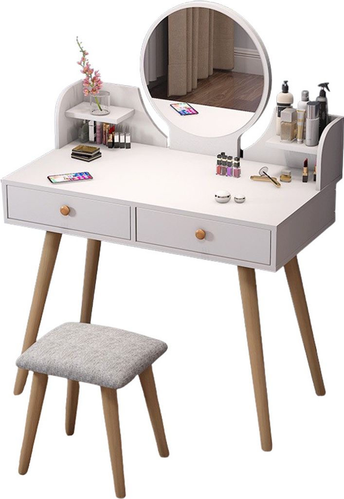A white vanity table with a round mirror and a stool, set against a white background.