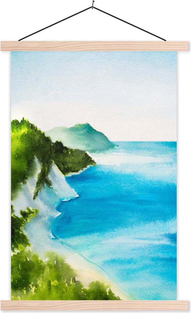 MuchoWow Textilposter Meer - Strand - Berge 40x60 cm mit holzfarbenen Rahmen - Poster