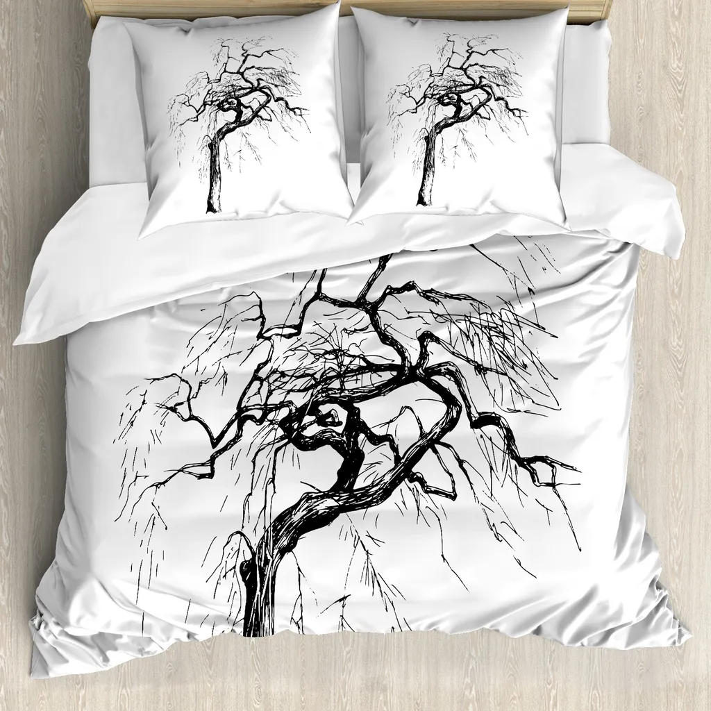 ABAKUHAUS Copripiumino con motivo alberi, alberi autunnali e rami secchi, antiacaro, adatto a chi soffre di allergie, con federe, 200 cm x 200 cm - 80 x 80 cm, bianco e nero