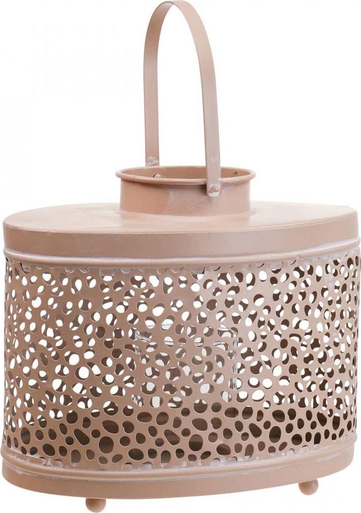 Romantische Deko Laterne Oval Rosa Windlicht aus Metall mit Tropfenmuster für Tischdeko und Kerzenschatten 27x16x23cm