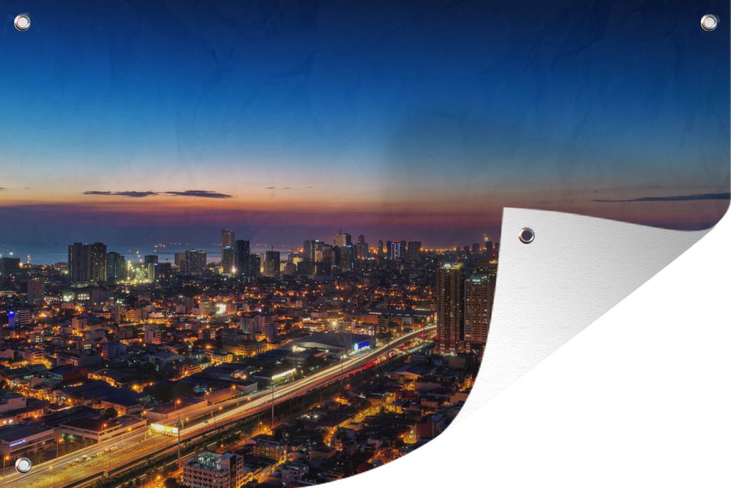 MuchoWow 60x40 cm Outdoor-Poster Gartendeko Sichtschutz Garten Poster für den Garten Skyline von Manila in der Abenddämmerung