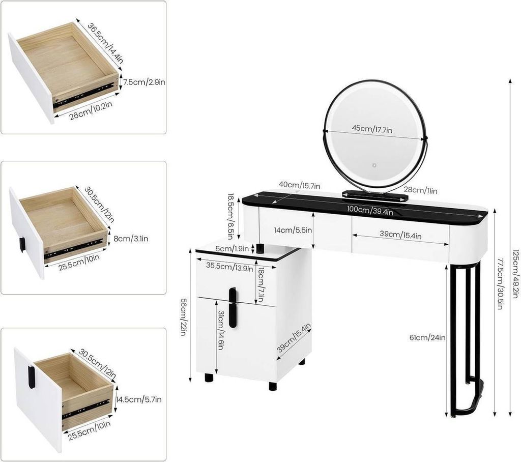WOLTU Schminktisch mit LED, Glasplatte,  Seitenschrank, Produktbild 4