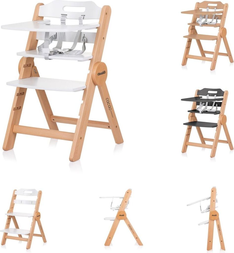 Chipolino Kinderhochstuhl Cacao Holz, Treppenstuhl, Beinstütze, klappbar, Gurt weiß