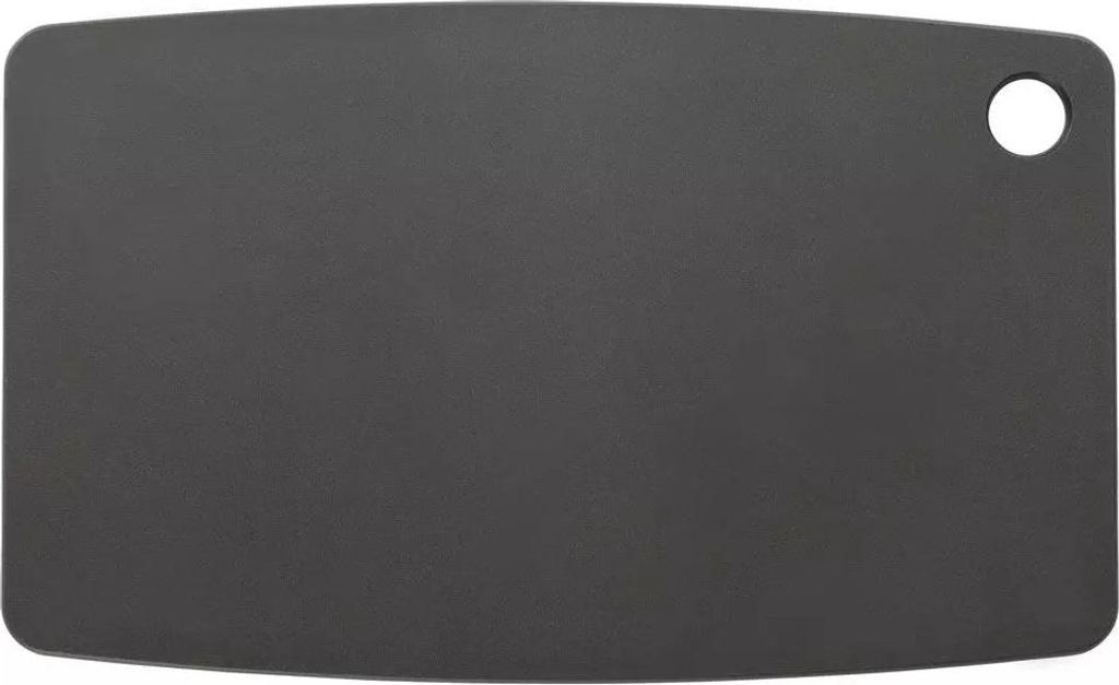 A dark gray cutting board with a rounded corner and a hole in the top right corner.