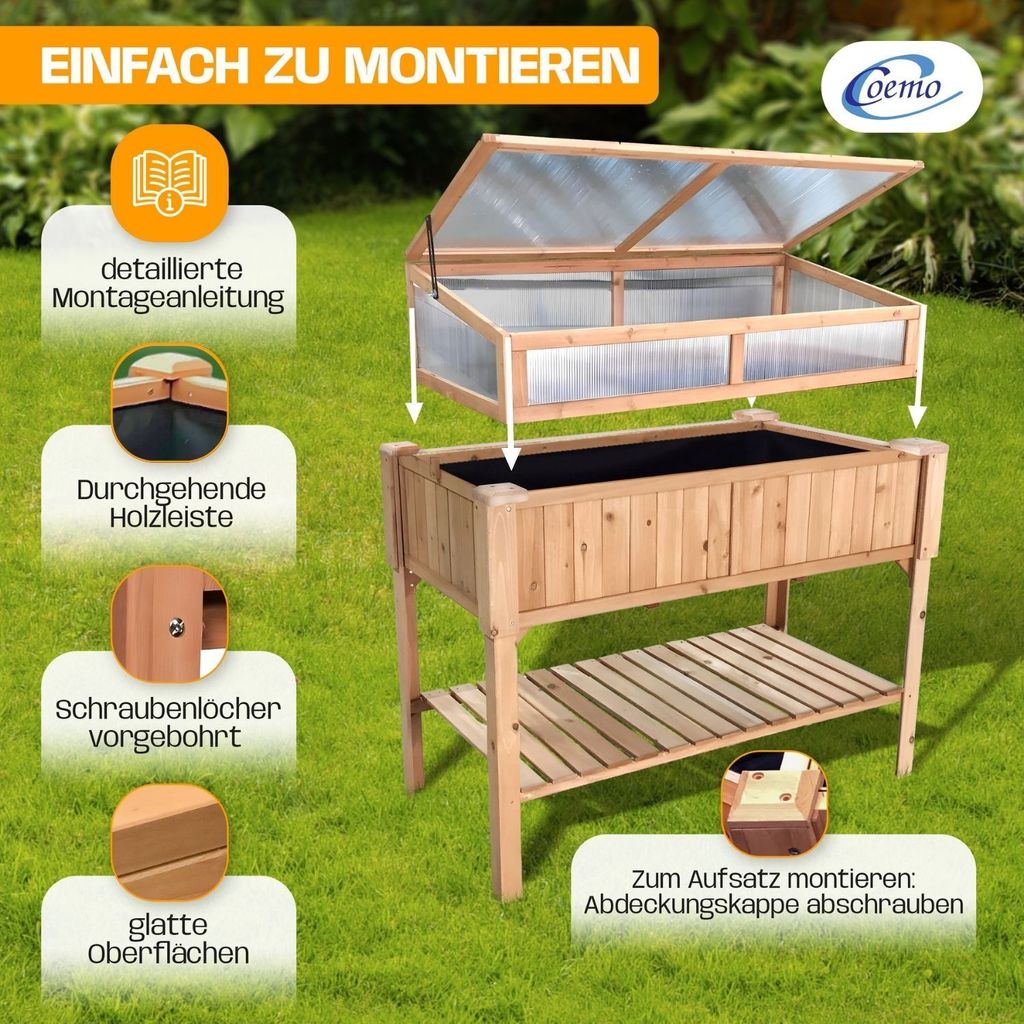 Coemo Hochbeet Kräuterbeet Holz mit Pflanzvlies 90 x 40 x 120 cm