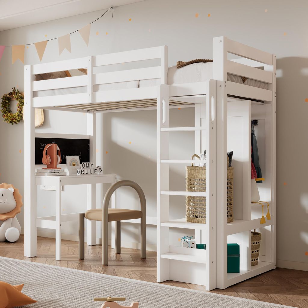 Kinder-Hochbett 90x200 cm aus Kiefernholz mit Schreibtisch Kleiderschrank Regale Kreidetafel & Lattenrost Stabil Multifunktional Weiß