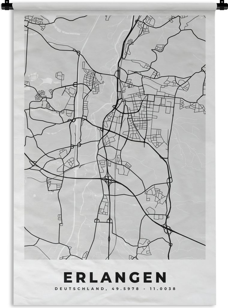 MuchoWow Wandteppich Wandbehang Deutschland - Stadtplan - Erlangen - Karte 60x90 cm Tapisserie Dekoration Wandtuch - Foto-Teppich - Abwaschbar