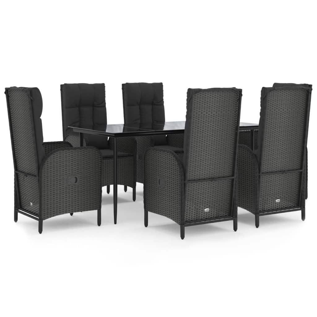 7-tlg. Garten-Essgruppe mit Kissen Schwarz Poly Rattan