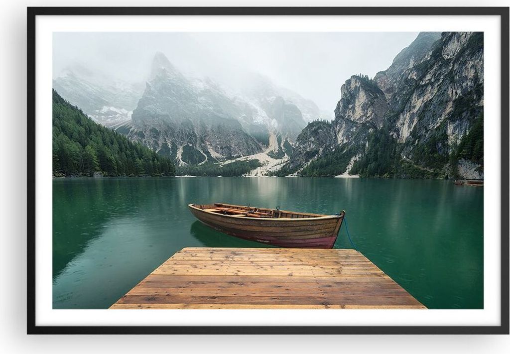 Gerahmtes Poster - Schwarzer Rahmen - Berge See Boot - 91,5x61 cm - Wand Bild - Wanddeko - Wandbilder - Kunstposter - Wandposter - Bilderrahmen - B...