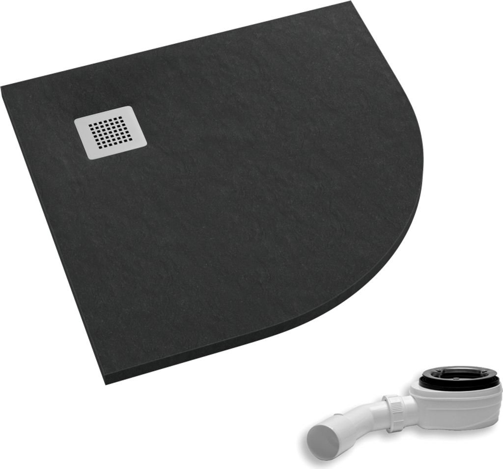 AQUABAD Duschwanne/Duschtasse Palast mit LeakProtect Technologie Black Stone 90x90cm Viertelkreis R55 - Blende: polierter Stahl | inkl. Ablaufgarni...