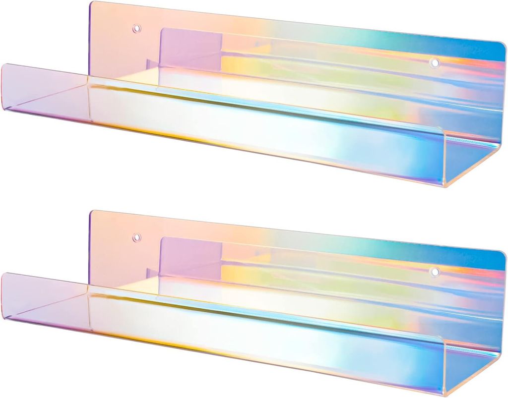 2 Stück regenbogenfarbenes schwebendes Bücherregal aus klarem Acryl zur Wandmontage,15 Zoll dickes, unsichtbares Wandregal, Bücherregal