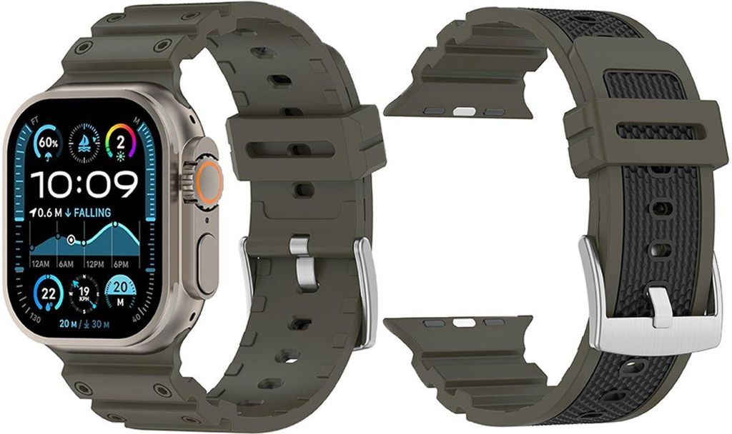 Stravo Silikon-Uhrenarmband im mechanischen Look – Für Apple Watch 42/44/45/46/49 mm (Serie 1–11 & Ultra) – Zweifarbiges Design – grün/Sc...