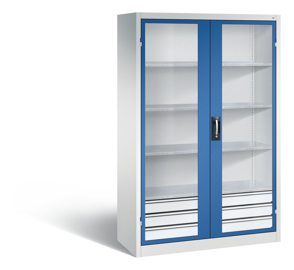 Großraum-Werkzeugschrank mit Sichfensterflügeltüren, 3 Schubladen unten, 4 Verstellböden, BxTxH 1200x500x1950 mm, RAL 7035/5010