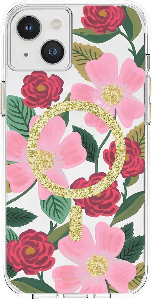 Coque antichoc iPhone 14 Plus anti-jaunissement fleurs or MagSafe