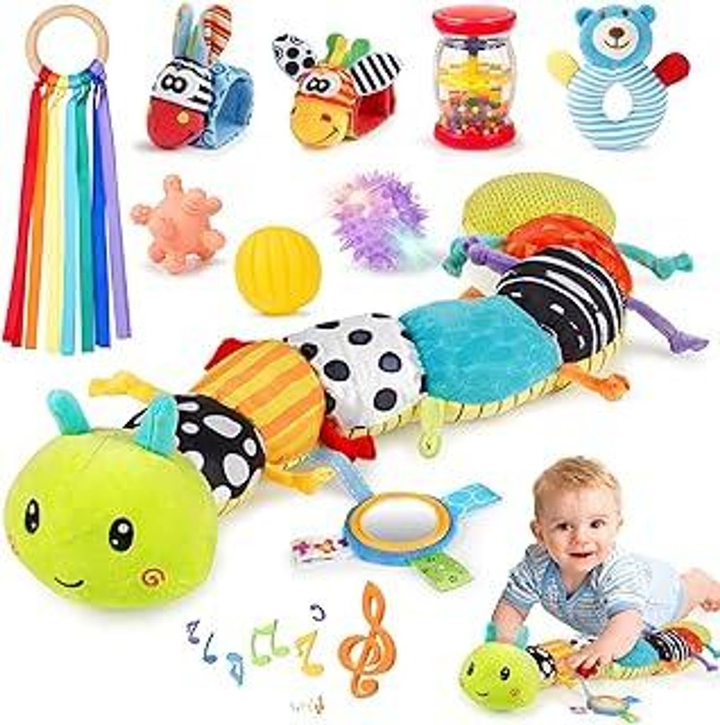 Joyreal Baby Spielzeug 0-6 Monate, 10-teiliges Set für Neugeborene Sensorikspielzeug, Baby Raupe Musikspielzeug, Rasseln, Bänder, Tummy Time Toys...