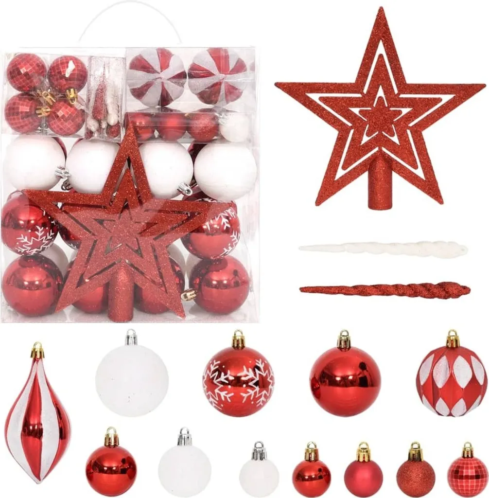 Coffret décoration de Noël 64 boules rouges et blanches incassables