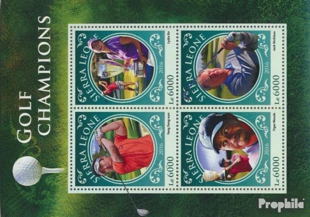 Briefmarken Sierra Leone 2016 Mi 7633-7636 Kleinbogen (kompl. Ausg.) postfrisch Golf-Champions
