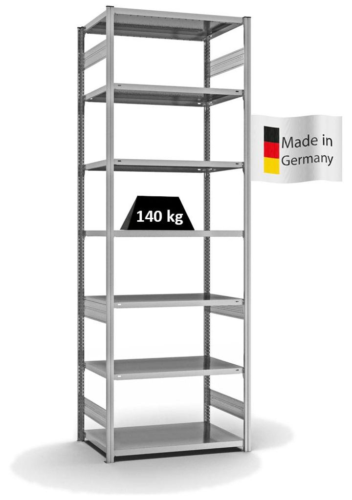 PROREGAL Fachbodenregal Stecksystem MAGNUS Germany | HxBxT 300x100x60cm | 7 Ebenen | Fachlast 140 kg | Beidseitig nutzbar | Verzinkt