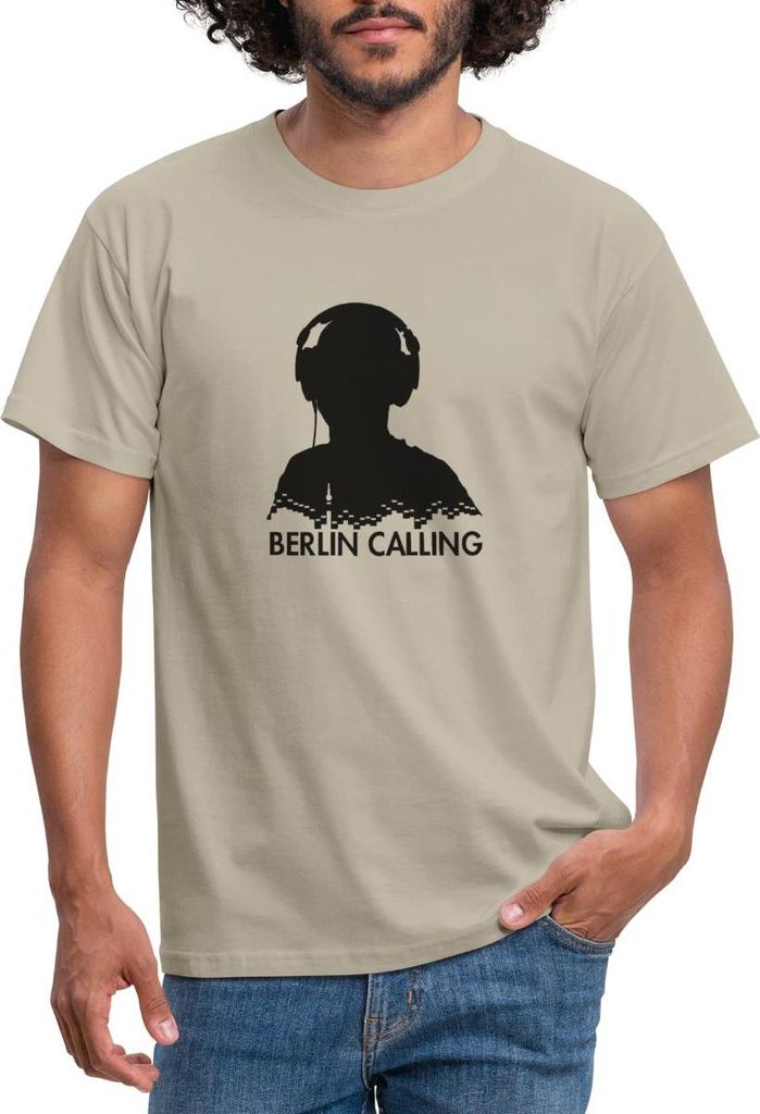 Spreadshirt Berlin Calling Silhouette Musik Geschenk Männer T-Shirt, M, Sandbeige