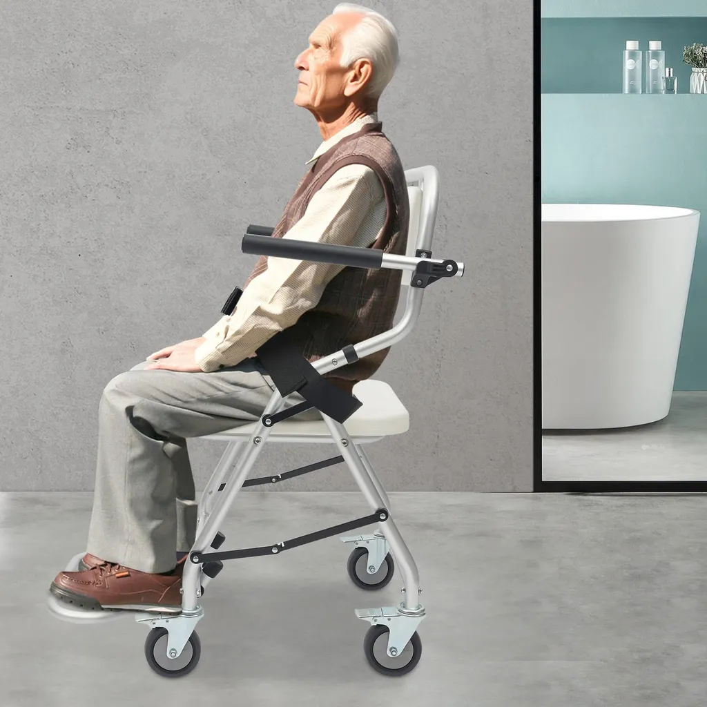 Chaise de douche pliable anti-chute avec roulettes - Aluminium 150kg