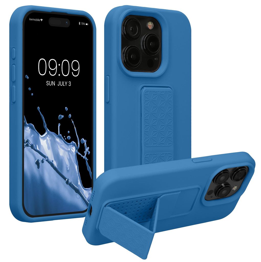kwmobile Handyhülle für Apple iPhone 15 Pro Hülle - TPU Silikon Case mit Fingerhalter und Stand - Schutzhülle Cover in Karibikblau