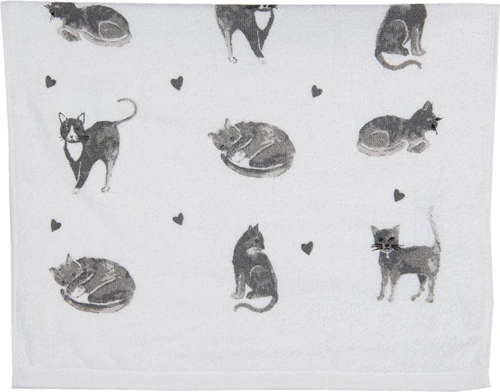 Clayre & Eef Gästehandtuch 40x66 cm Grau Weiß Baumwolle Katzen