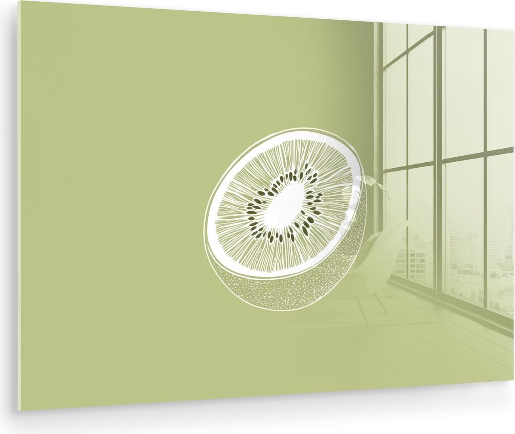 MuchoWow Glasbilder - Bilder auf Wandbild - Foto auf Glas Kiwi - Strichzeichnung - Minimalistisch - Grün 120x80 cm Wanddekoration aus Glas - Acryl...