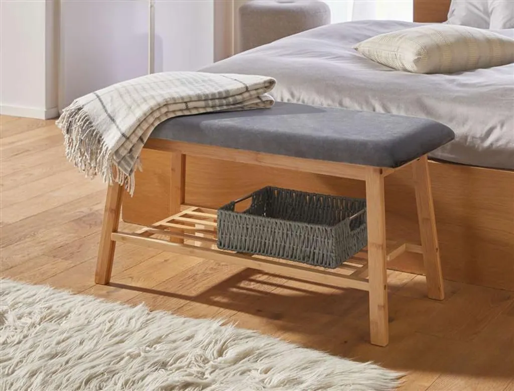Banc coffre de rangement en velours gris et bois de bambou pour couloir