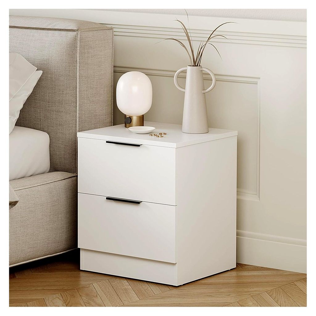 Trega Nachttisch mit 2 Schubladen, kompakt und platzsparend, 41 x 39 x 28 cm, Holzwerkstoff, gleitende Schubladen, moderne schwarze Griffe, geeigne...