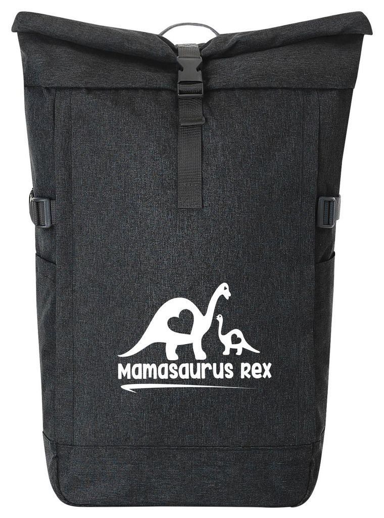 Huuraa Kurierrucksack Mamasaurus Rex Dinosaurier 30-44 Liter Black Melange Fairtrade Rolltop Rucksack Geschenkidee