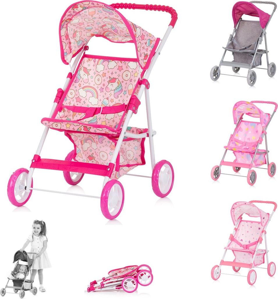 Chipolino Puppenwagen Alice Aufbewahrungskorb klappbar, Sonnendach verstellbar pink