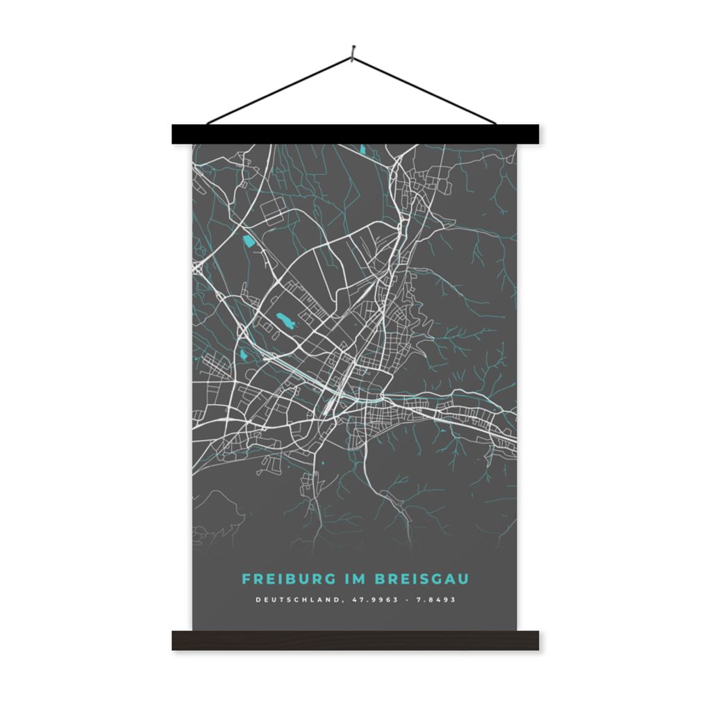 MuchoWow Textilposter Stadtplan - Karte - Freiburg im Breisgau - Blau - Deutschland - Karte 60x90 cm mit schwarzem Rahmen - Poster Wohnzimmer