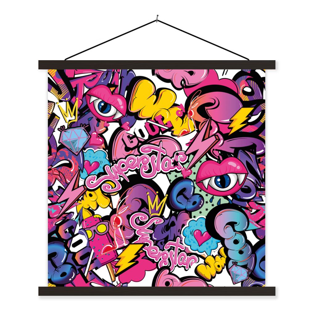 MuchoWow Textilposter Design - Superstar - Cool - Muster - Lippen - Kinder 120x120 cm mit schwarzem Rahmen - Aufhängungsset