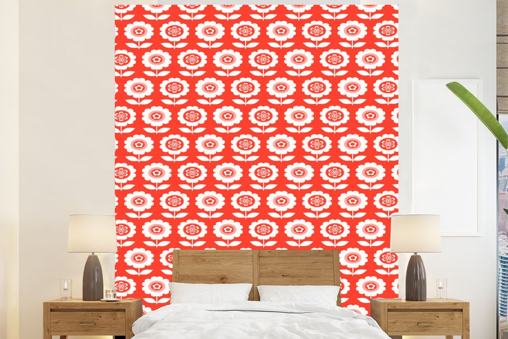 MuchoWow Fototapete für Wohnzimmer oder Schlafzimmer Wandtapete Vinyl Motivtapete Blumen - Muster - Rot - 195x240 cm - Gemusterte