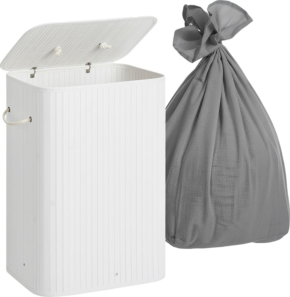 Relaxdays Wäschekorb mit Deckel, 2 Fächer, Bambus, 105 l, faltbar, HxBxT: 63 x 52 x 32 cm, Wäsche Sortiersystem, weiß