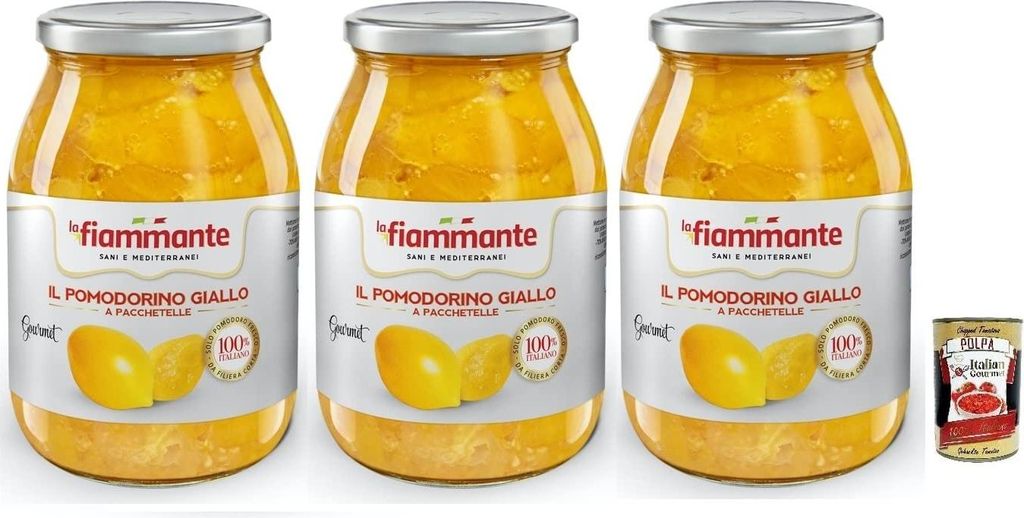 3x La Fiammante Il Pomodorino Giallo a Pacchetelle,Gelbe Tomate,Gelbe Kirschtomaten,100% Italienische Tomate,Glasgefäß mit 1kg + Italian Gourmet ...