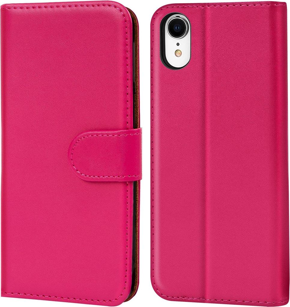 A pink flip case for a smartphone is shown open and closed, with the phone visible in the closed position.