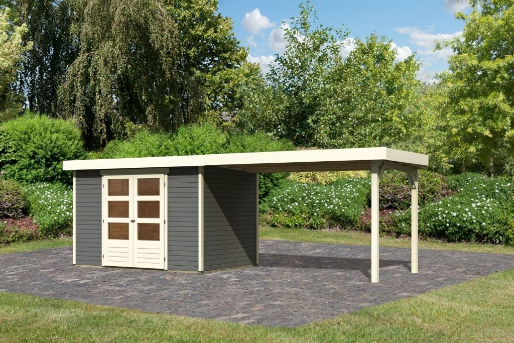 Karibu Gartenhaus Gerätehaus Askola 4 im Set mit Anbaudach 2,80 m Breite terragrau 557x217x211 cm