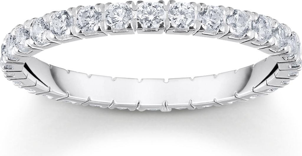 A close-up studio shot of a diamond eternity ring.