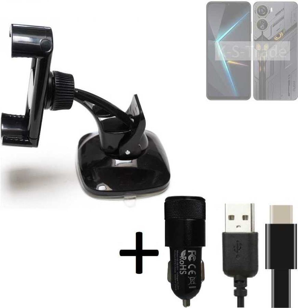 K-S-Trade Handy-Halterung kompatibel mit Nubia Neo 5G Windschutzscheibe / Armaturenbrett + LADEGERÄT mit Mico USB Kabel Autohalterung