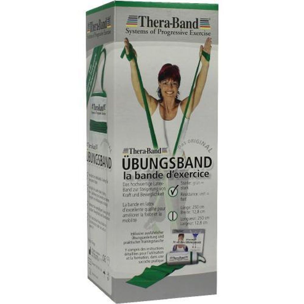 A box for a Thera-Band exercise band, showing the product and a woman using it.