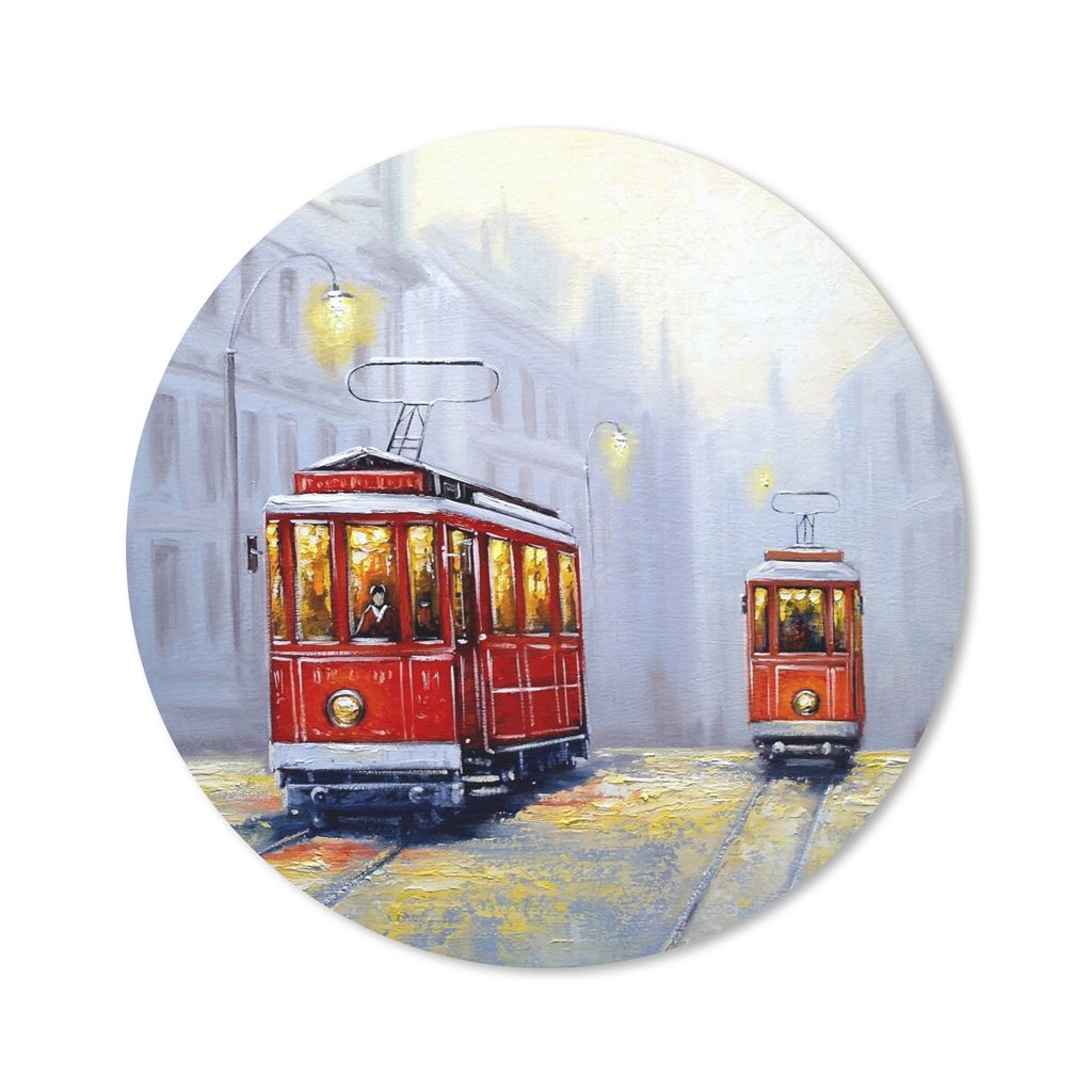 MuchoWow Mauspad Mousepad Gemälde - Straßenbahn - Stadt - Öl 40x40 cm - Mousepads - Maus Mat - Pad - Mausunterlage - Schreibtisch Accessoires