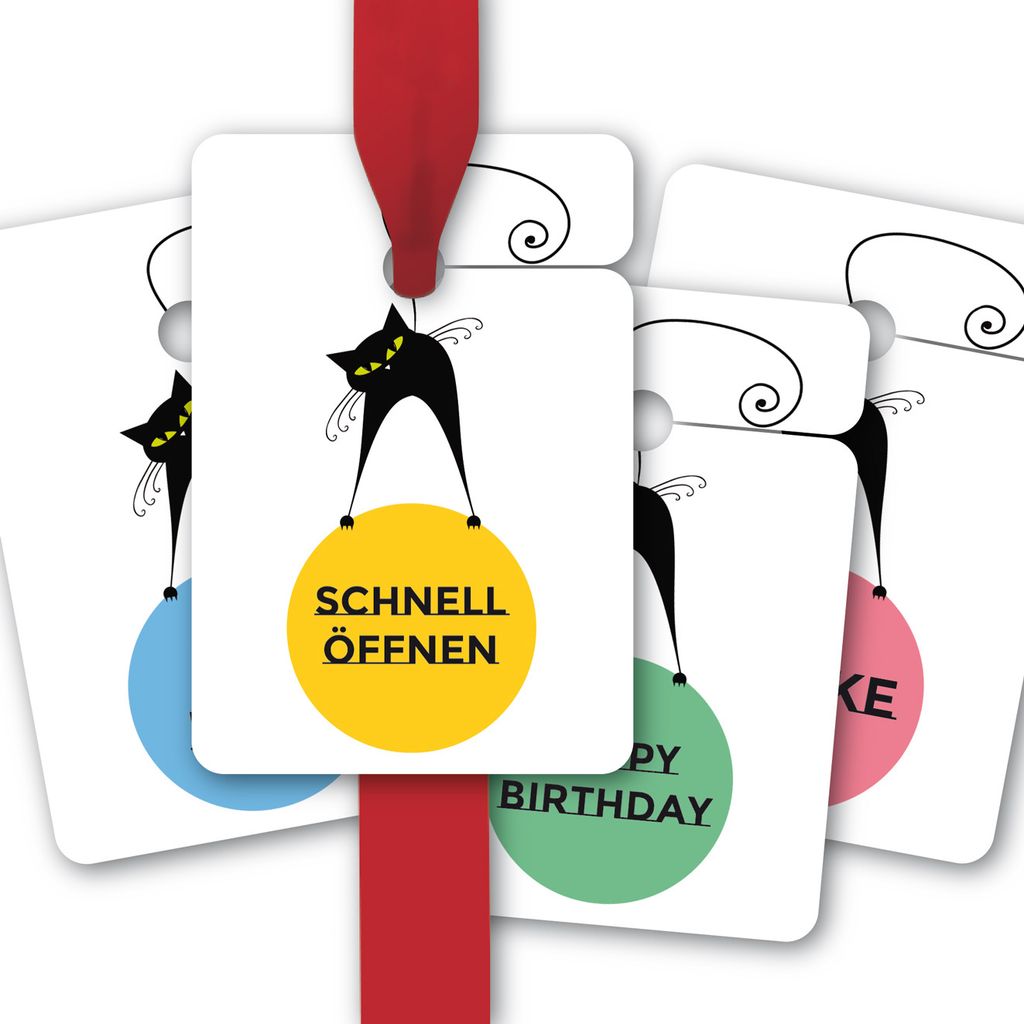 8 fröhliche Katzen Geschenkanhänger: Happy Birthday | Für Dich | Danke | Schnell öffnen
