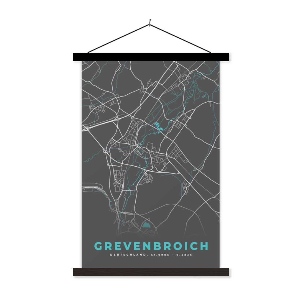 MuchoWow Textilposter Stadtplan - Karte - Grevenbroich - Blau - Deutschland - Karte 40x60 cm mit schwarzem Rahmen - Wanddekorationen