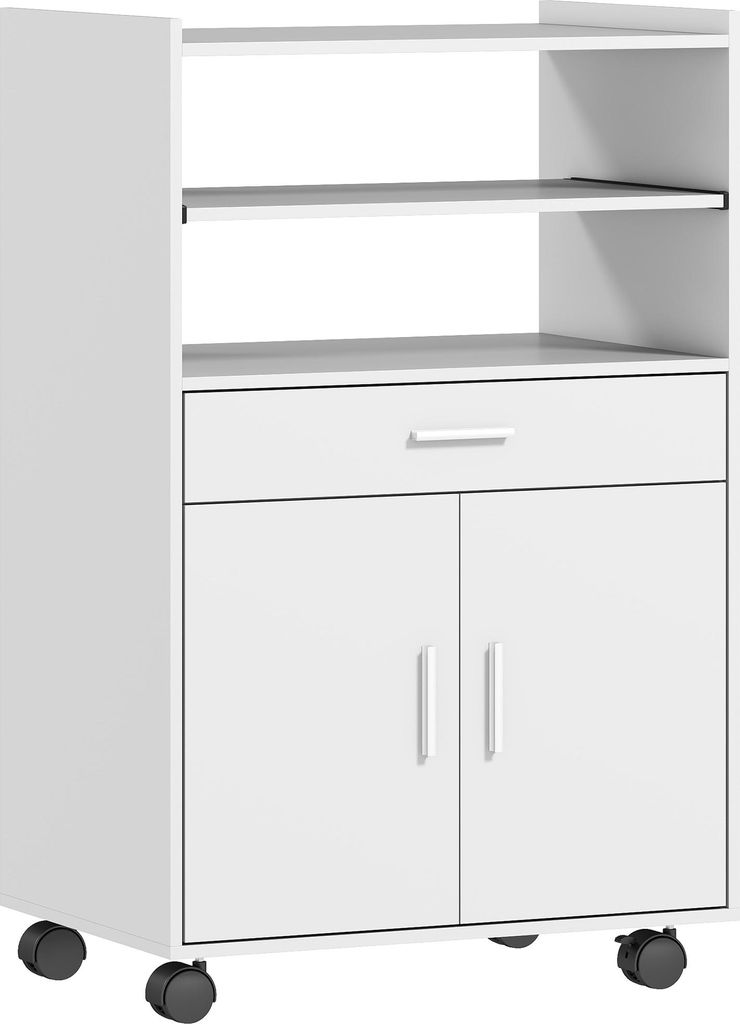 Mikrowellenschrank, Regal, Doppeltürschrank, Schublade, Rollen, Weiß