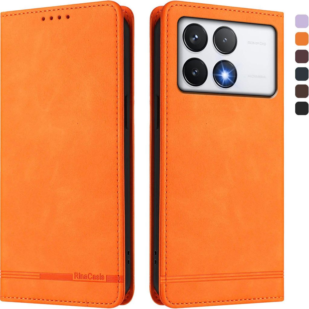 Hülle für Xiaomi Poco F6 Pro, Retro Kunstleder Ständer Klapphülle mit Kartenfächer und Magnetische Orange
