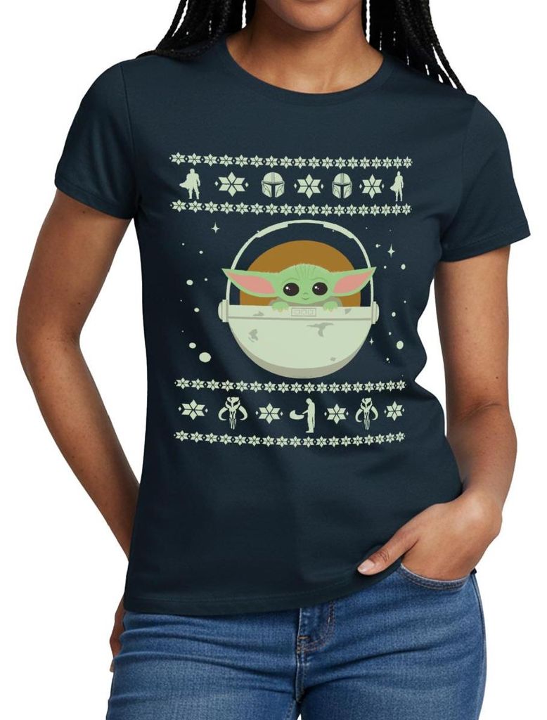 Star Wars: Mandalorian Baby Yoda Weihnachten Frauen T-Shirt, L, Navy