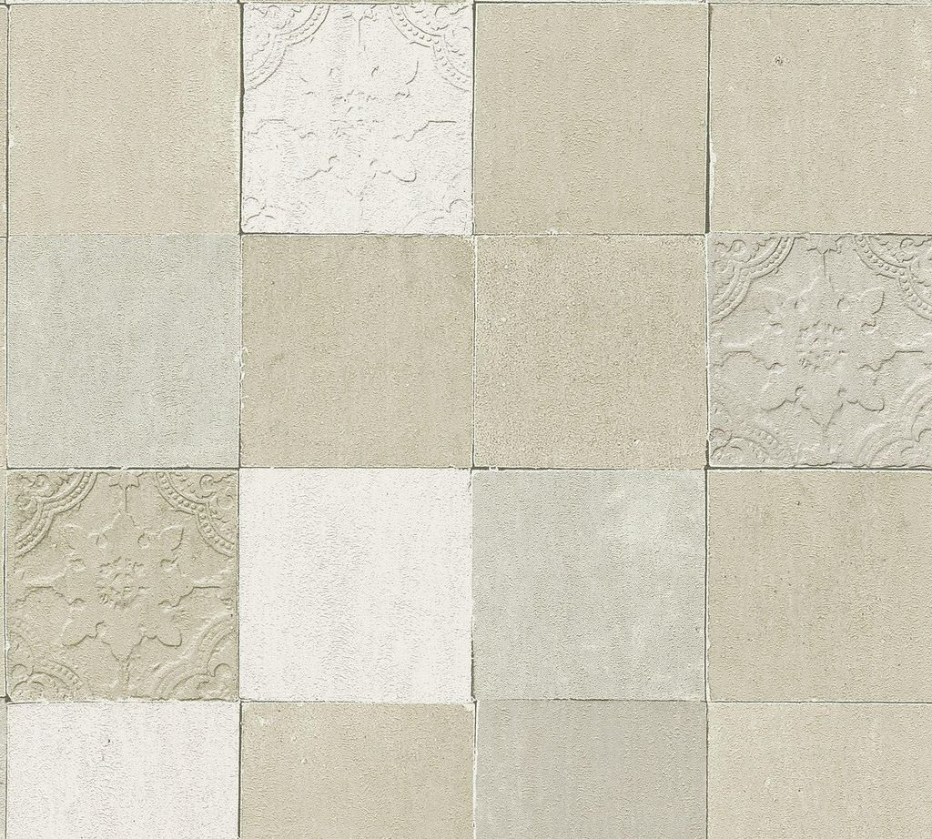 Livingwalls Fliesentapete New Walls Finca Home Vliestapete creme grau 10,05 m x 0,53 m